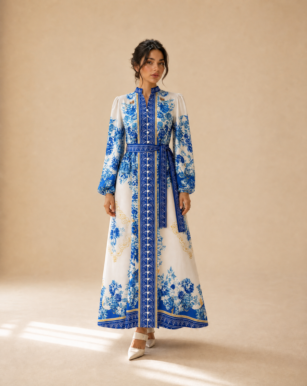 7AAL The Azura Dress, blue floral maxi dress, full-length view