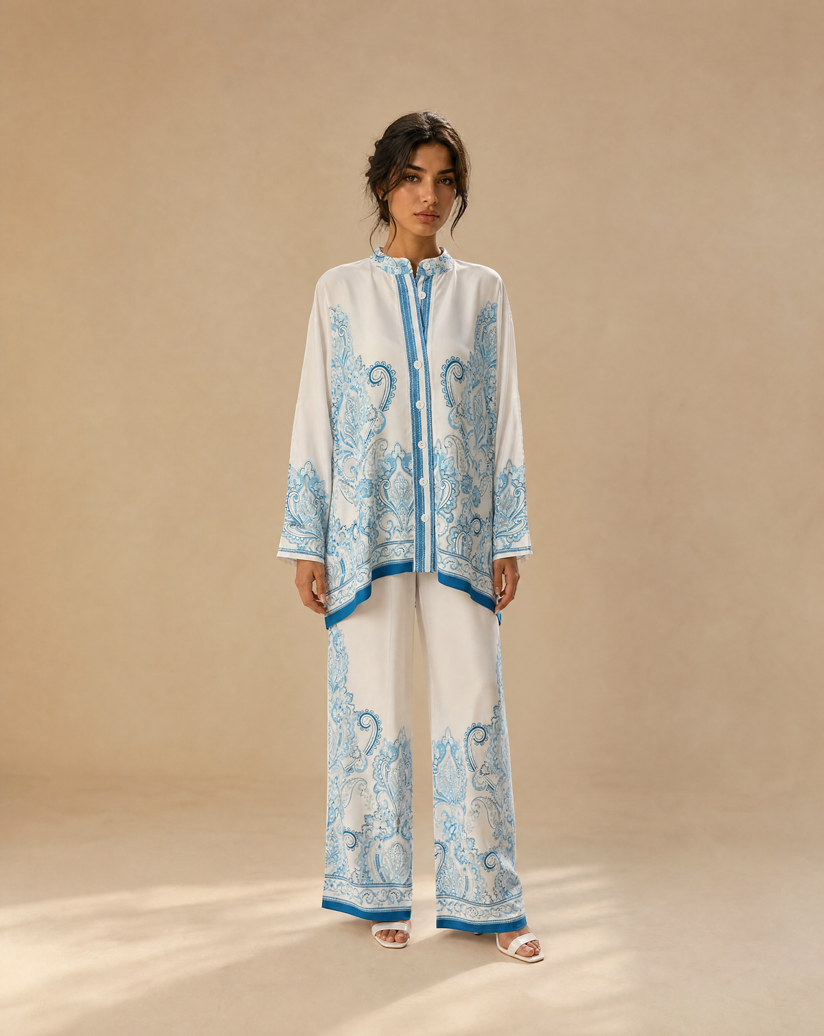7AAL The Celeste Set, blue and white co-ord set, full-length view