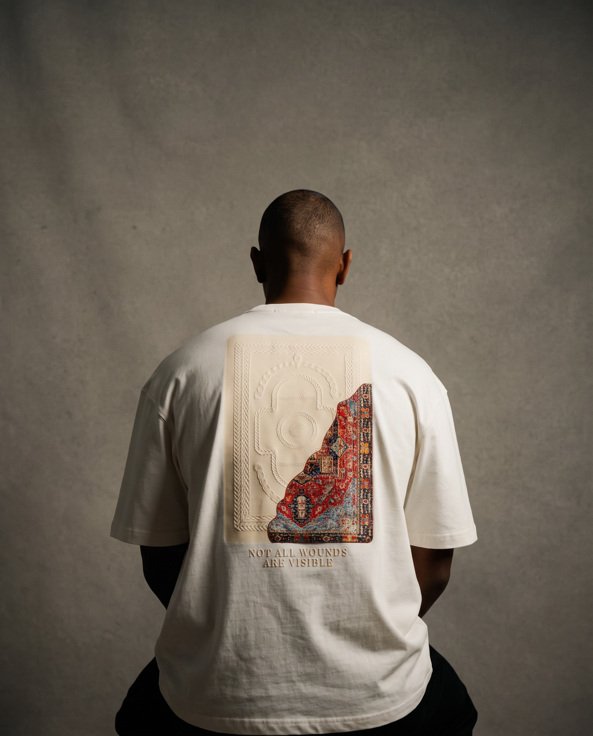 7AAL Man Jiraah Tee in white, oversized embroidered heavyweight t-shirt, back view
