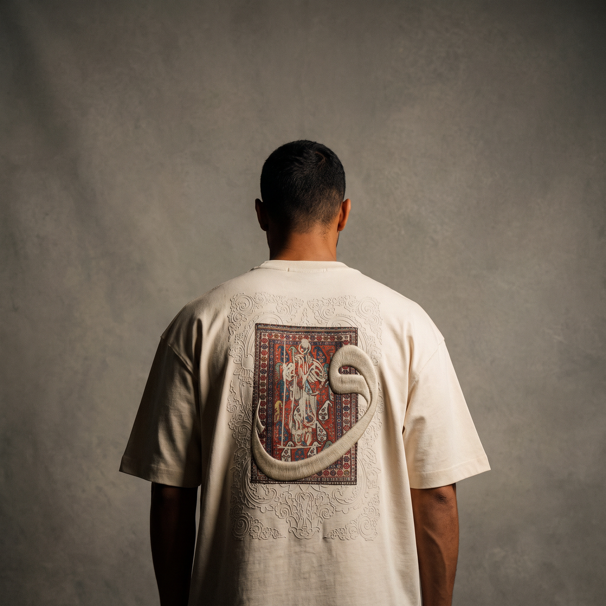 7AAL Man Waw Tee in beige, oversized embroidered heavyweight t-shirt, back view