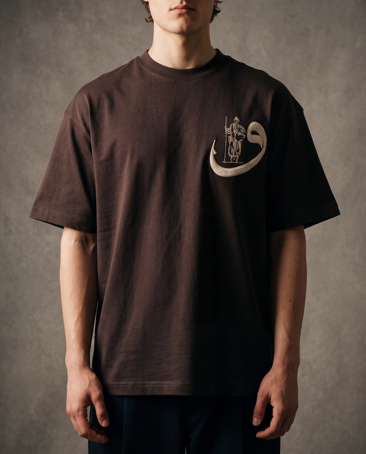 7AAL Man Waw Tee in brown, oversized embroidered heavyweight t-shirt, front view