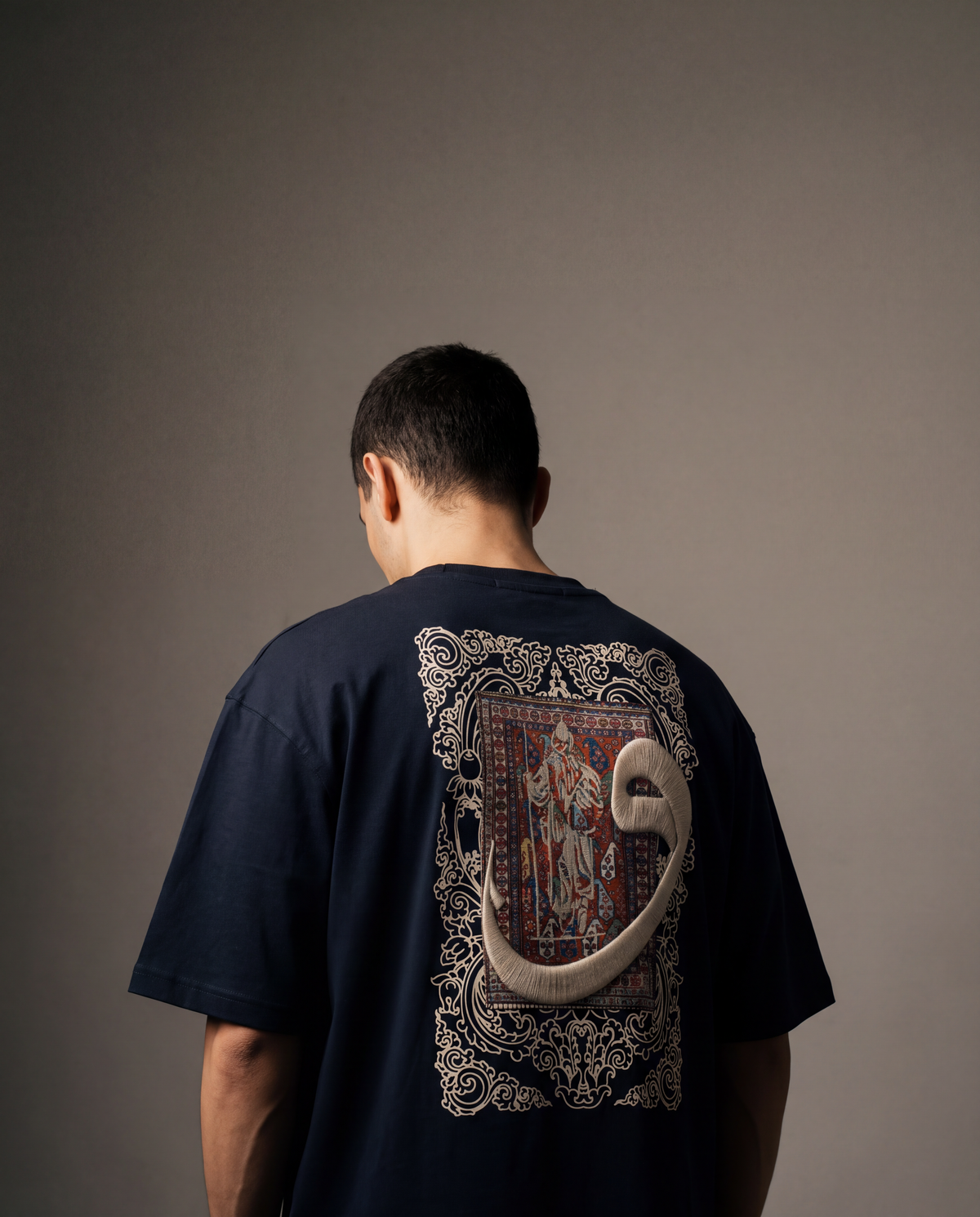 7AAL Man Waw Tee in navy, oversized embroidered heavyweight t-shirt, back view