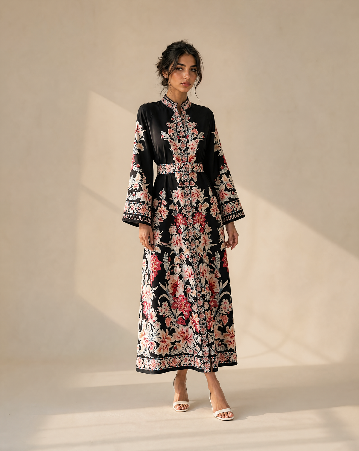 7AAL The Valentina Dress in black, black floral maxi dress, full-length view