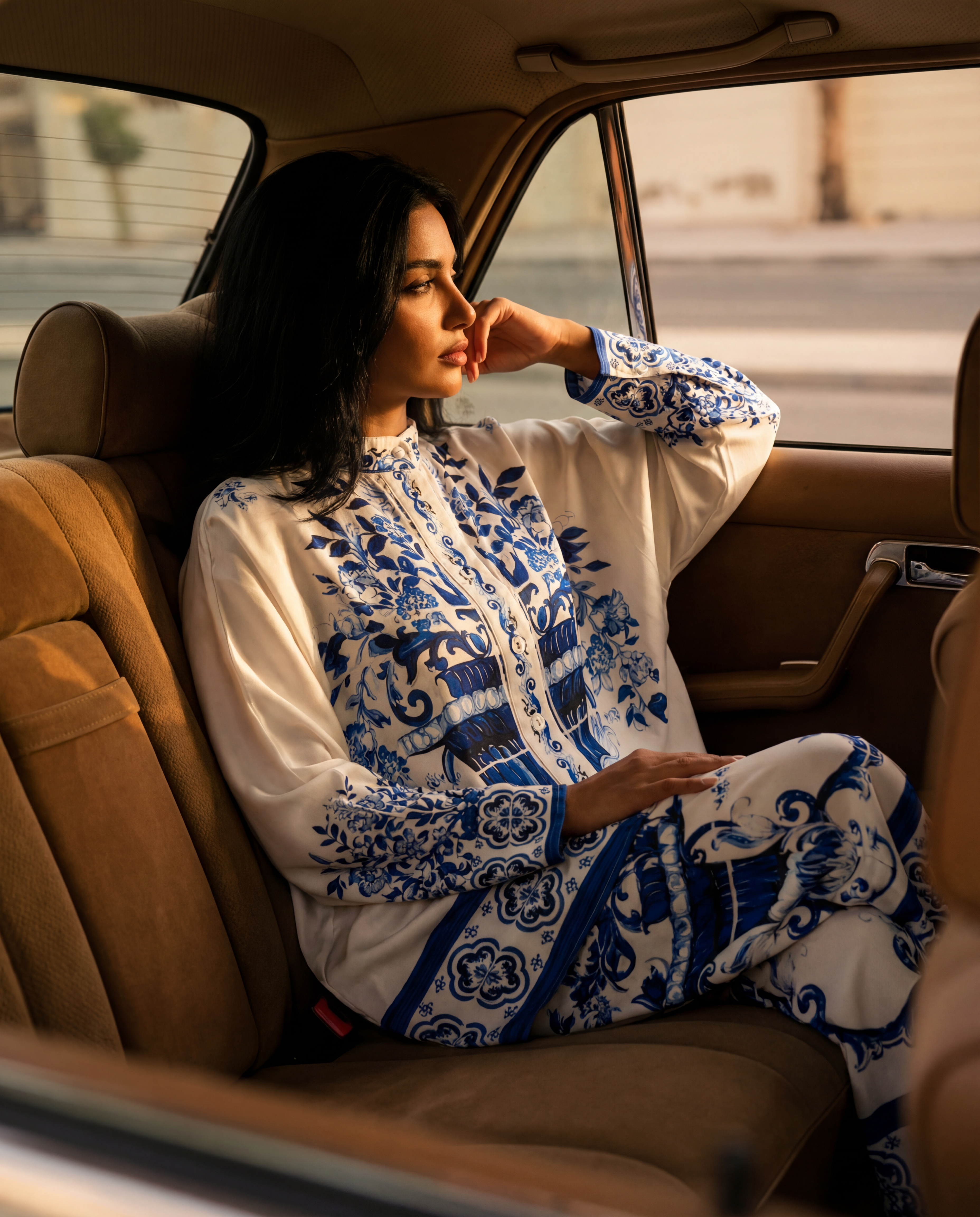 7AAL Mykonos blue and white printed co-ord set, occasion two-piece, evening wear luxury coord