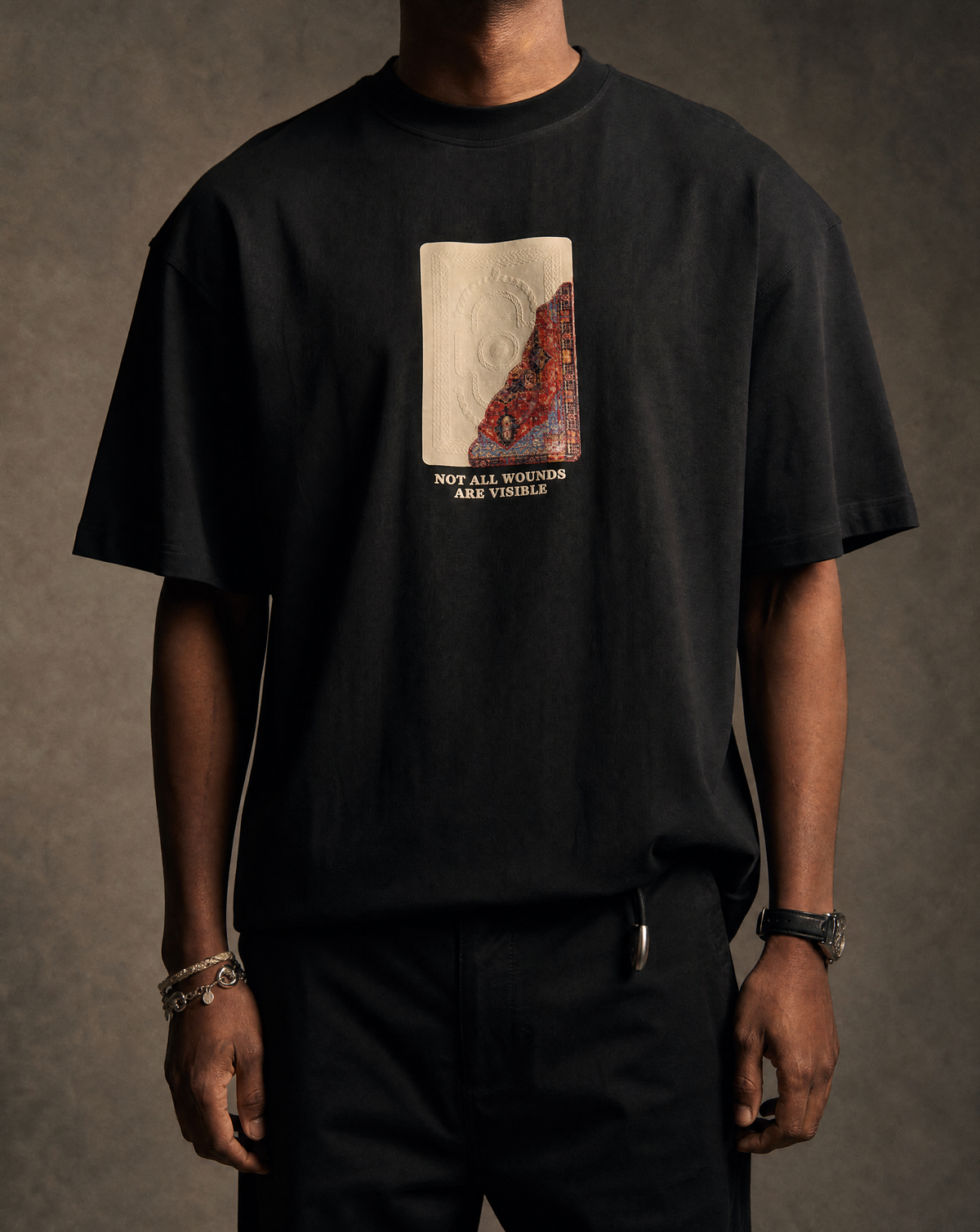 7AAL Man Jiraah Tee in black, oversized embroidered heavyweight t-shirt, front view