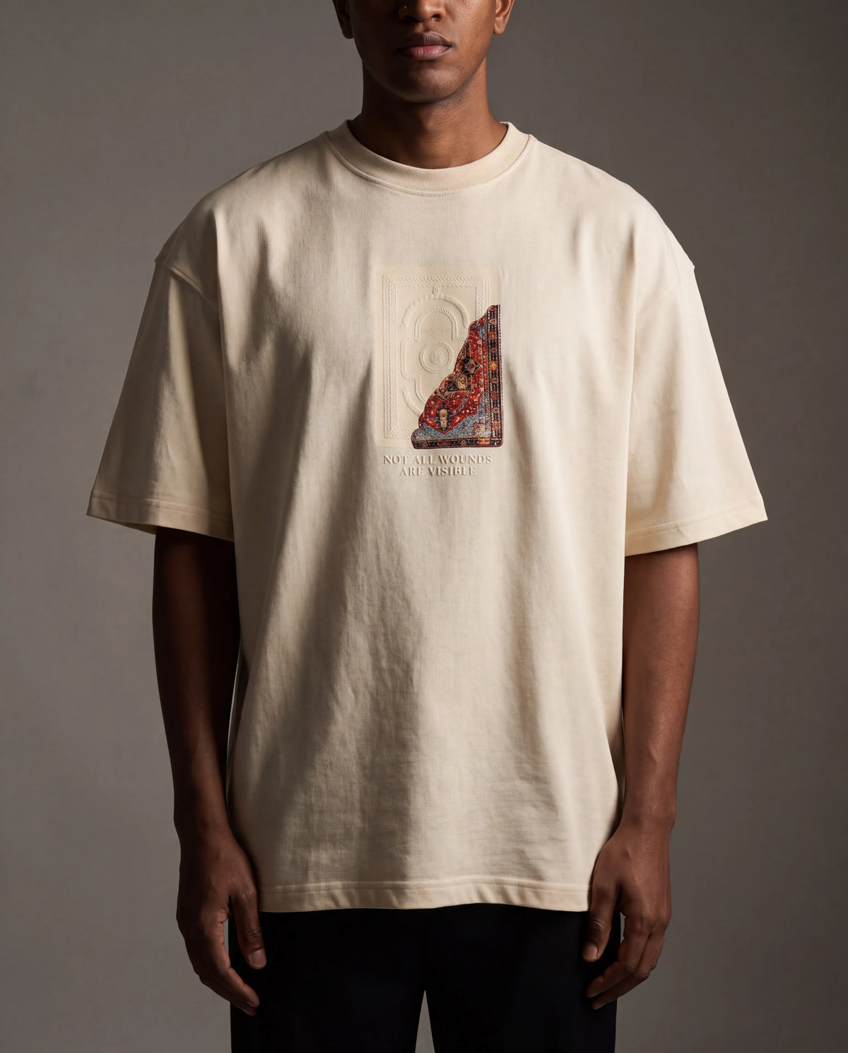 7AAL Man Jiraah Tee in cream, oversized embroidered heavyweight t-shirt, embroidery detail