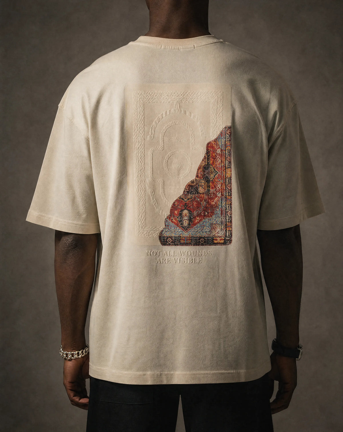 7AAL Man Jiraah Tee in cream, oversized embroidered heavyweight t-shirt, front view