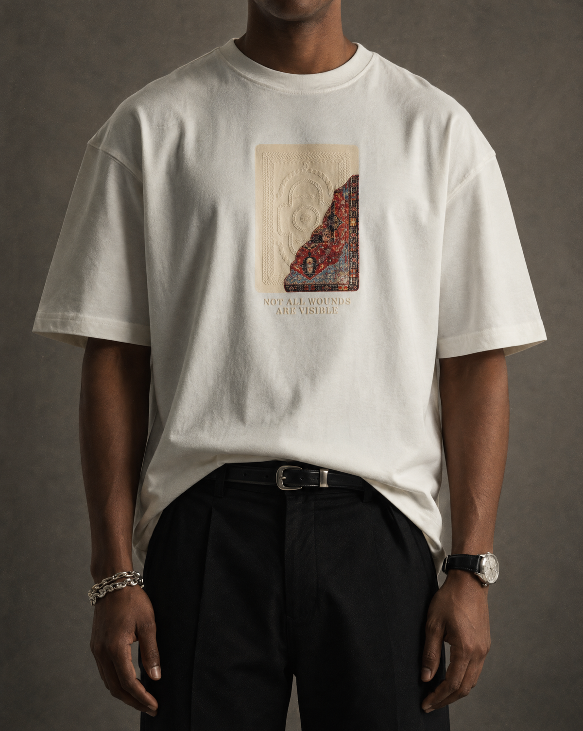 7AAL Man Jiraah Tee in white, oversized embroidered heavyweight t-shirt, front view