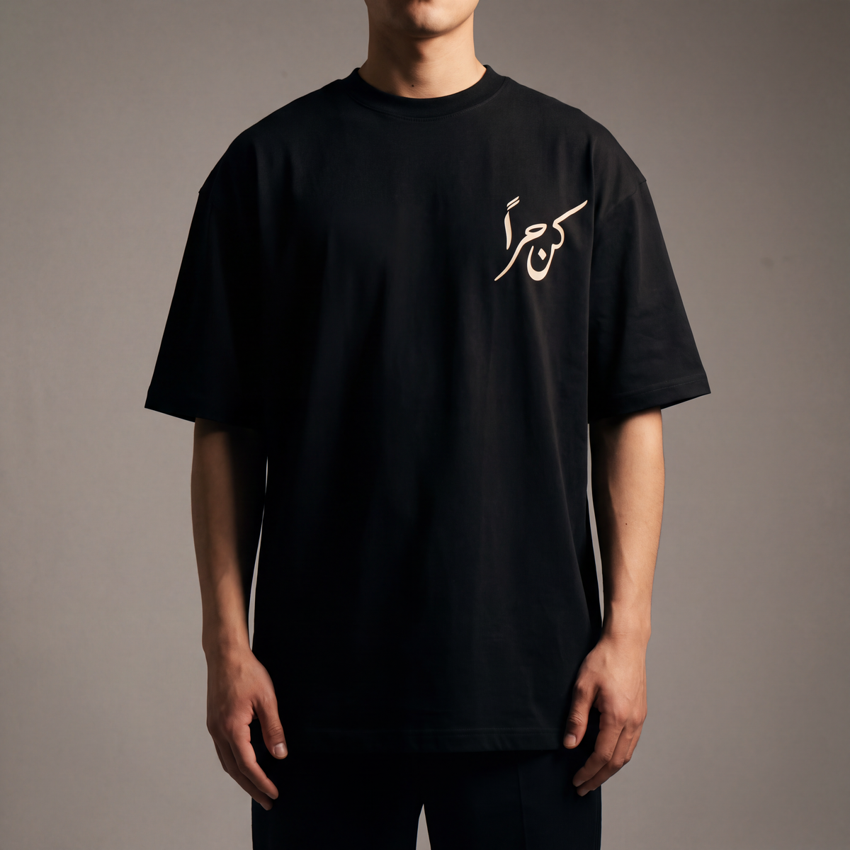 7AAL Man Kun Hurran Tee in black, oversized embroidered heavyweight t-shirt, front view