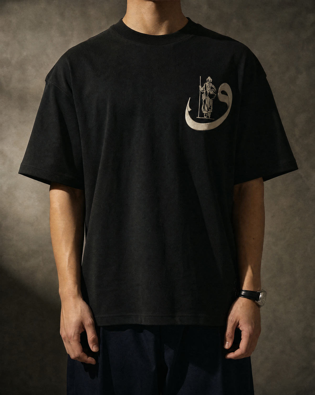 7AAL Man Waw Tee in black, oversized embroidered heavyweight t-shirt, front view