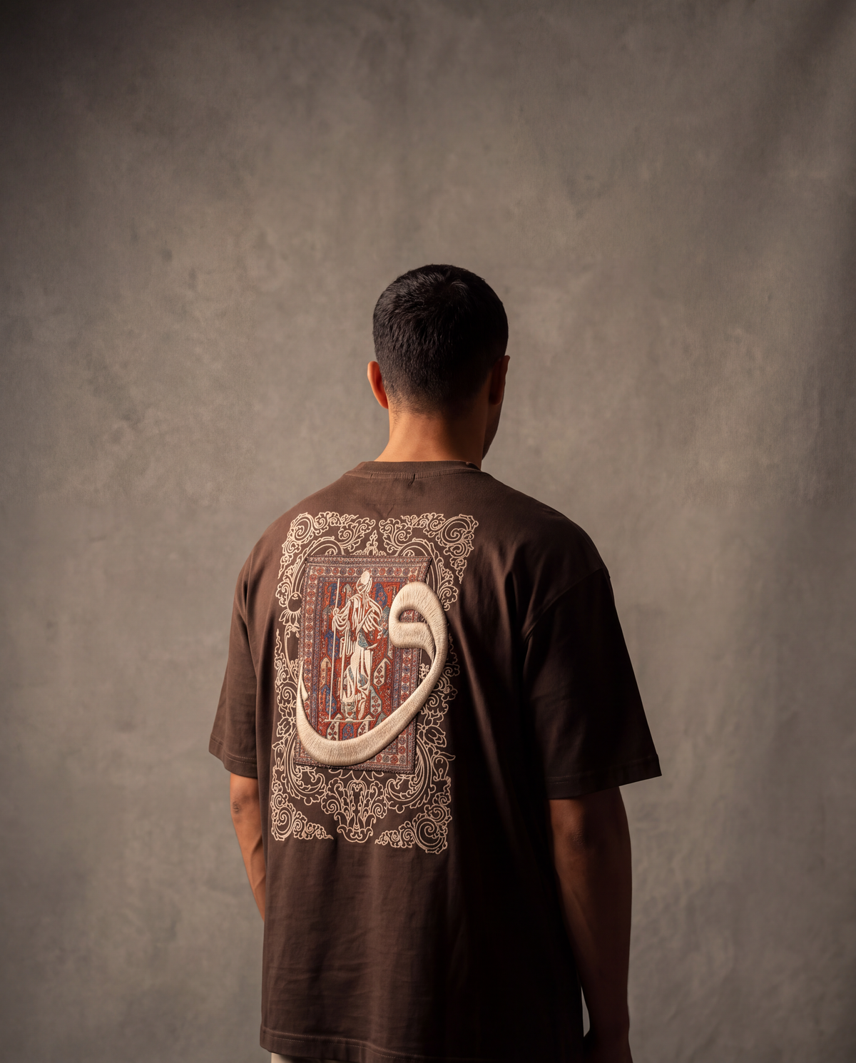 7AAL Man Waw Tee in brown, oversized embroidered heavyweight t-shirt, back view