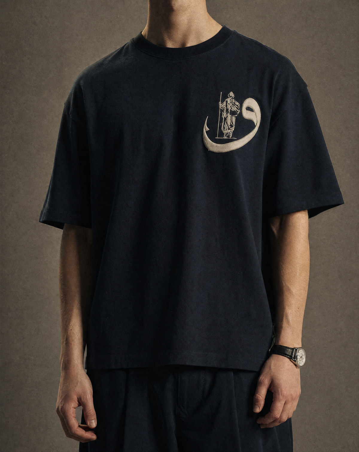 7AAL Man Waw Tee in navy, oversized embroidered heavyweight t-shirt, front view