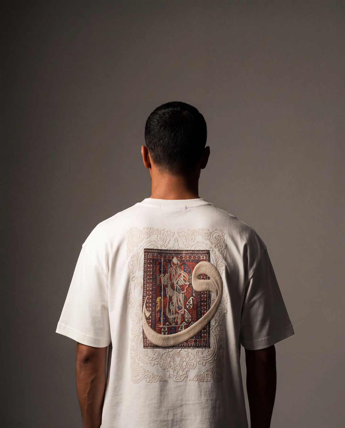 7AAL Man Waw Tee in white, oversized embroidered heavyweight t-shirt, back view