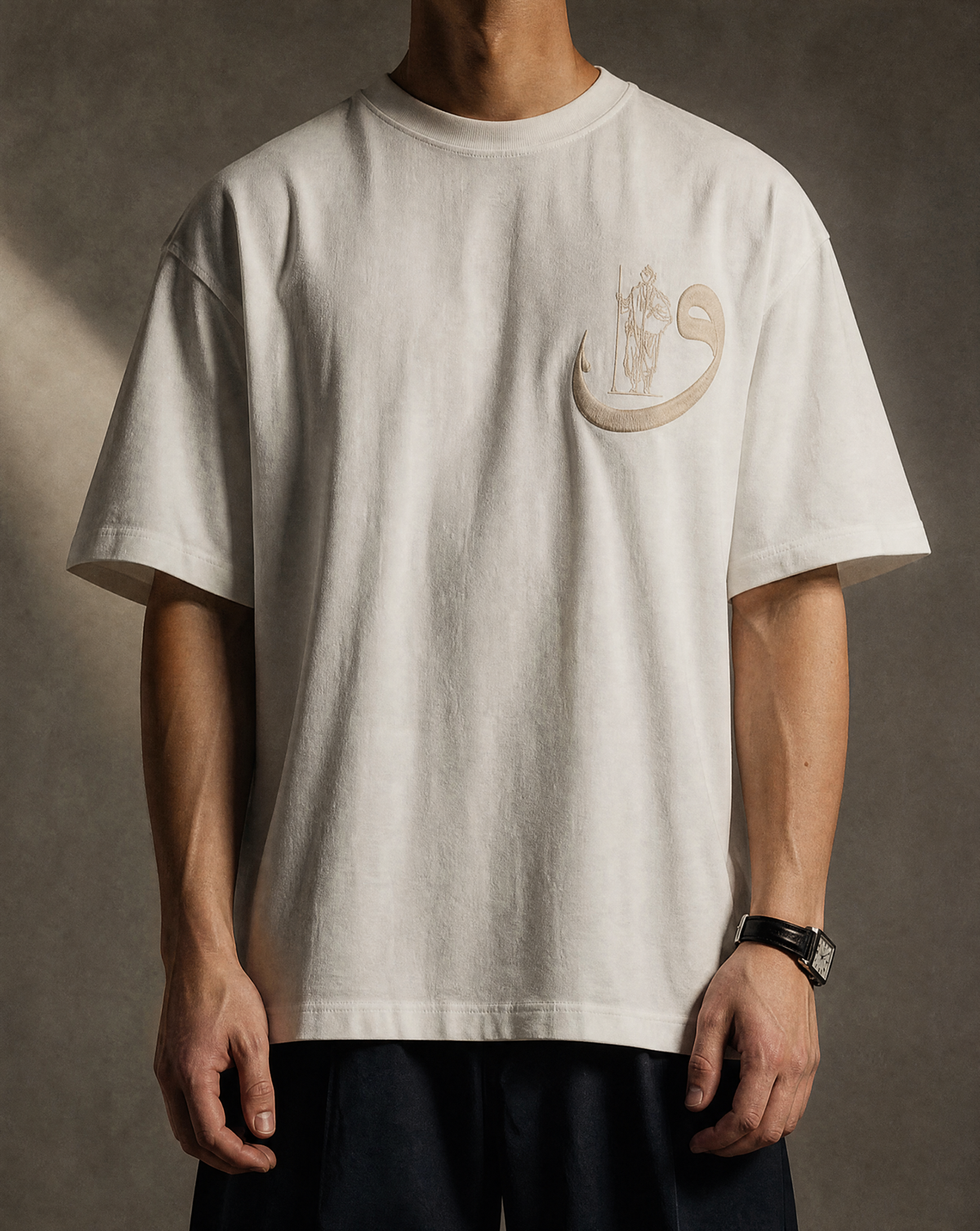 7AAL Man Waw Tee in white, oversized embroidered heavyweight t-shirt, front view