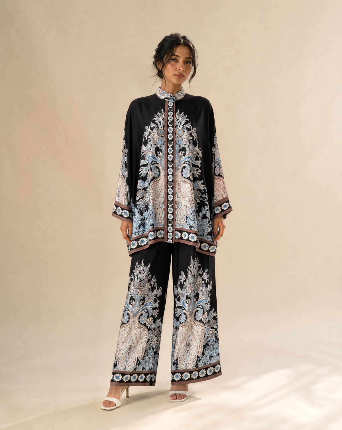 7AAL The Noir Saphira Set, black printed co-ord set, full-length view