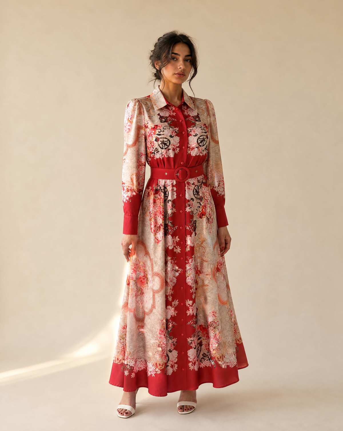 7AAL The Rosalia Dress, red floral maxi dress, full-length view