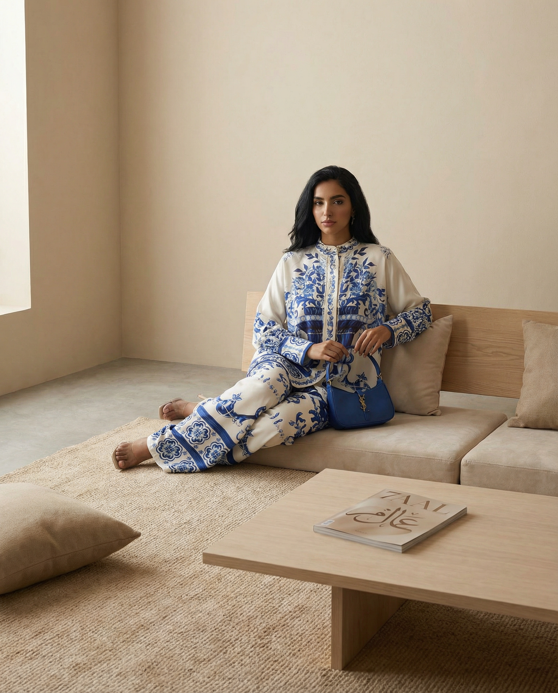 7AAL Mykonos blue and white printed co-ord set, occasion two-piece